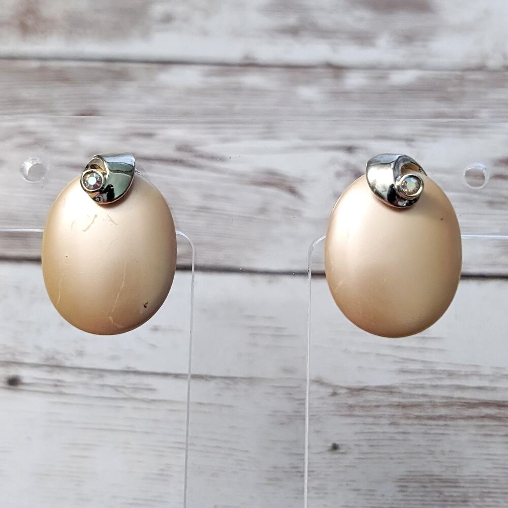 Vintage Clip On Earrings - Pearlescent Oval with Detail - Some Marks